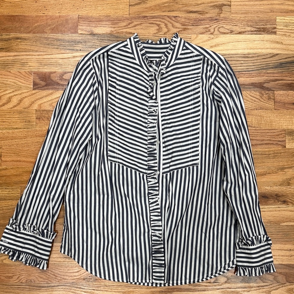 J.Crew Striped Ruffle-Trim Button-Up Blouse - Navy & White